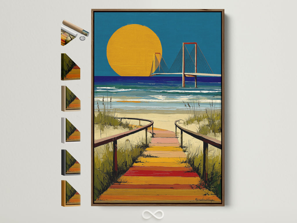 Framed coastal sunset artwork with a boardwalk and bridge is displayed with various frame options. The brown frame complements the beach wall art perfectly. Explore options for your coastal home art decor.