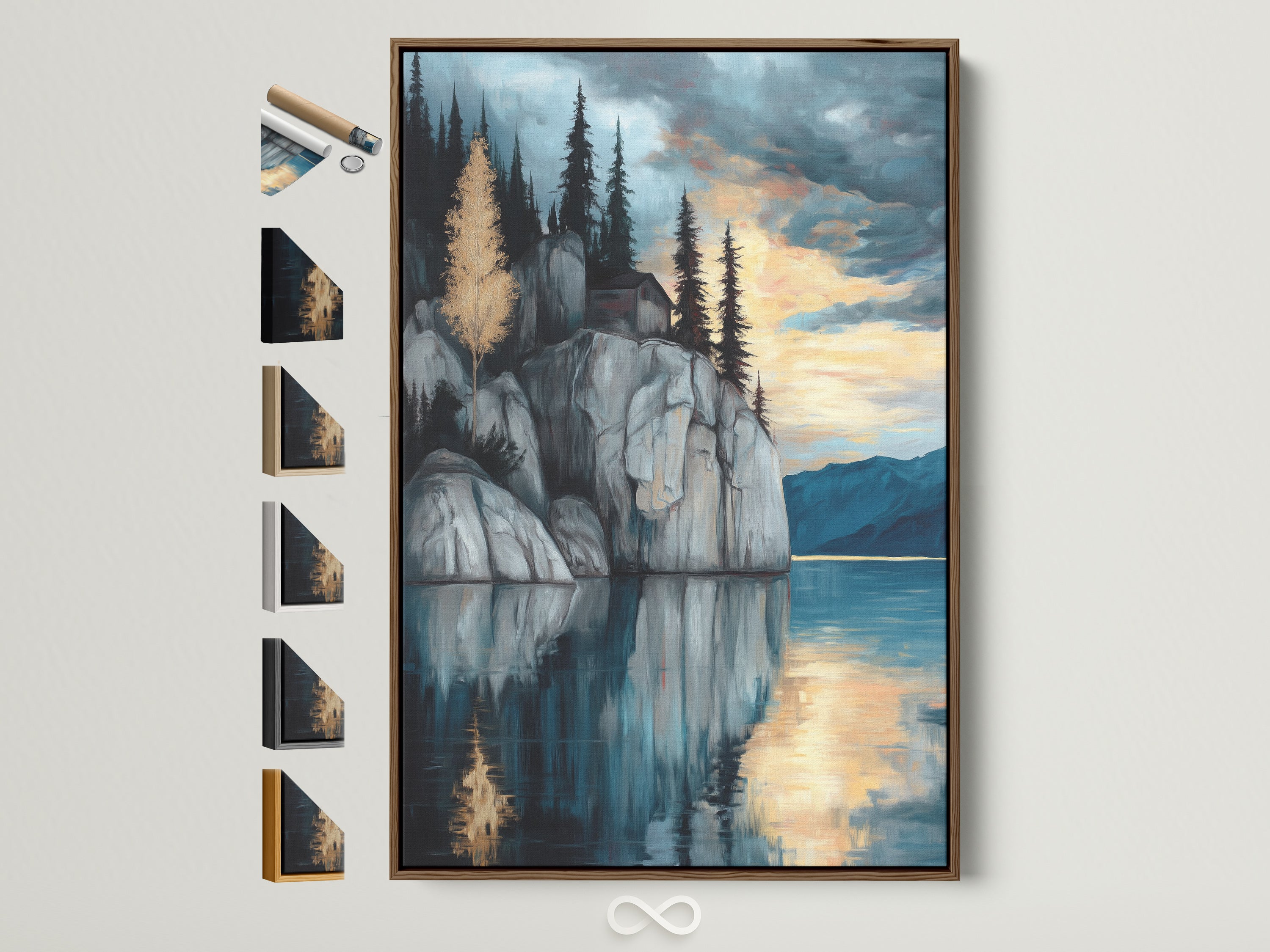 Lakeside Cliff canvas print with brown frame. Frame options are displayed on the side. This serene mountain wall art brings a moody landscape to your study room decor. The nature artwork features blue and gray hues. Reflective art creates a tranquil scene with a mountain painting reflected in water.