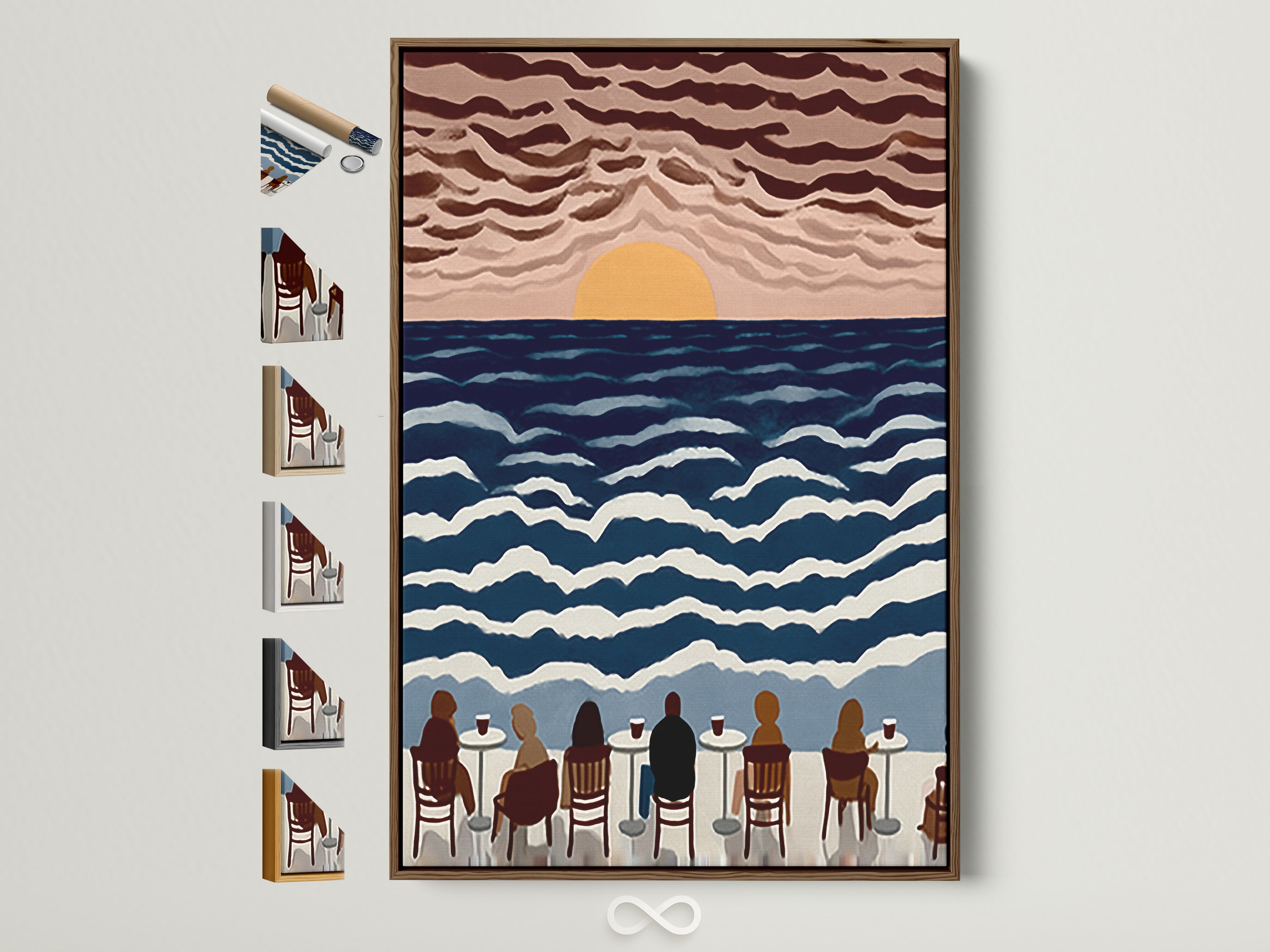 Elevate your space with our seaside cafe canvas artwork in a brown frame. See all our frame options. This piece features a sunset ocean view. Perfect coastal artwork for a dining area. Enjoy the calming sea view print.
