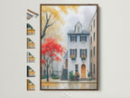 A charming Charleston architecture artwork is displayed in a brown frame. This cityscape art features a historic building bathed in autumn colors. Frame options are visible offering choices to match any home decor style. Perfect as living room or office wall art.