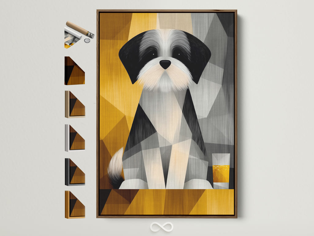 A modern geometric dog portrait adorns a wall in a light brown frame. Frame samples sit beside the artwork showcasing available options. This pet canvas print adds a contemporary touch to any room. Perfect for dog lovers seeking unique wall art. The abstract animal artwork brings a playful yet sophisticated vibe.