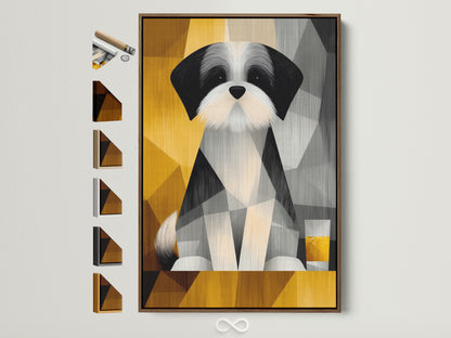 A modern geometric dog portrait adorns a wall in a light brown frame. Frame samples sit beside the artwork showcasing available options. This pet canvas print adds a contemporary touch to any room. Perfect for dog lovers seeking unique wall art. The abstract animal artwork brings a playful yet sophisticated vibe.