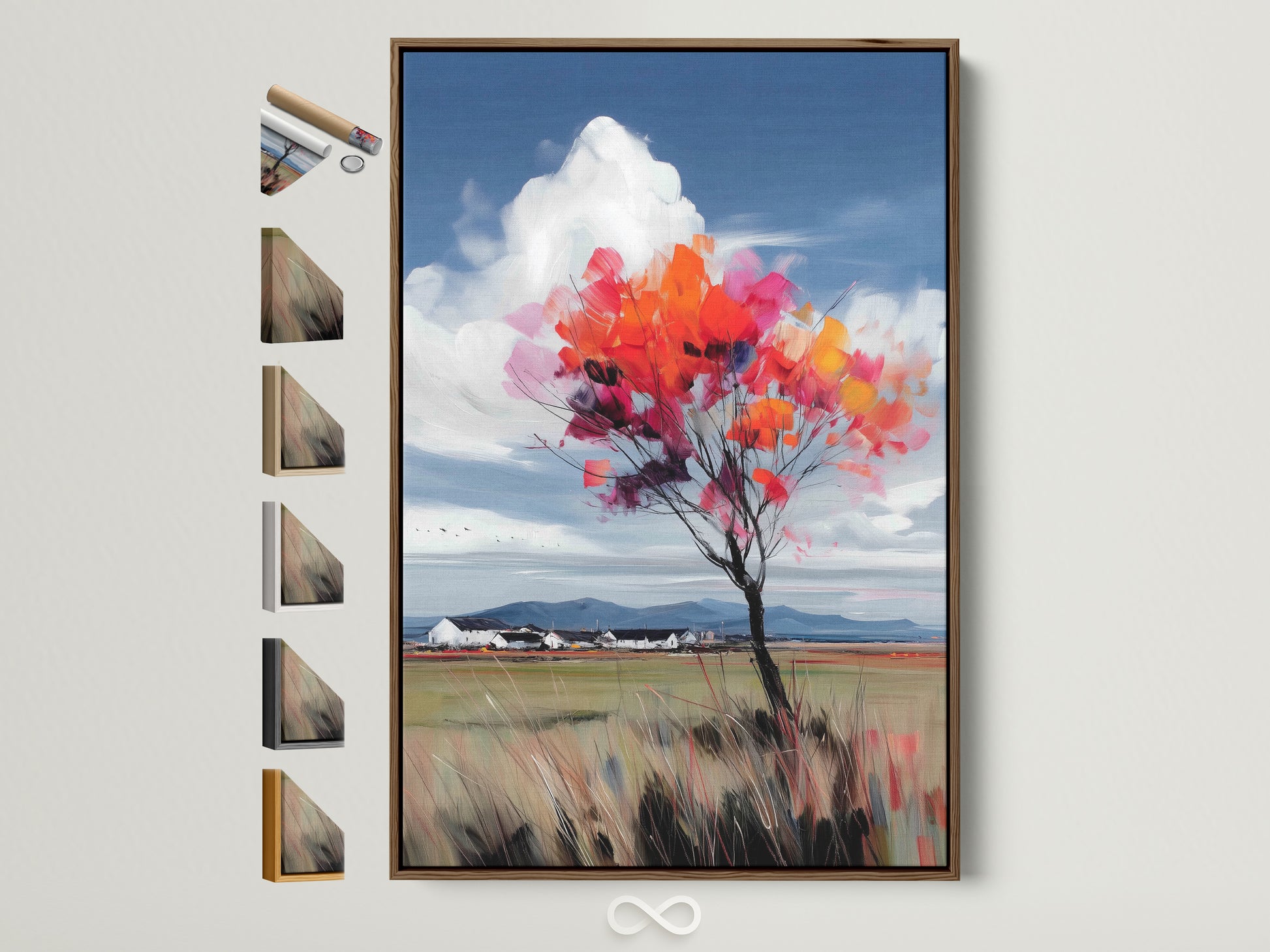 A vibrant autumn tree artwork is displayed in a brown frame. The framed art shows a colorful fall foliage landscape. Various frame options are showcased beside it. Perfect wall art for a farmhouse or rustic aesthetic. Add a touch of nature with this impressionist art.