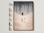 Brown frame displays winter landscape artwork. Figures stand in a snowy field. The artwork evokes a minimalist farmhouse style. Various frame options are showcased. This piece enhances entryways living rooms and bedrooms.