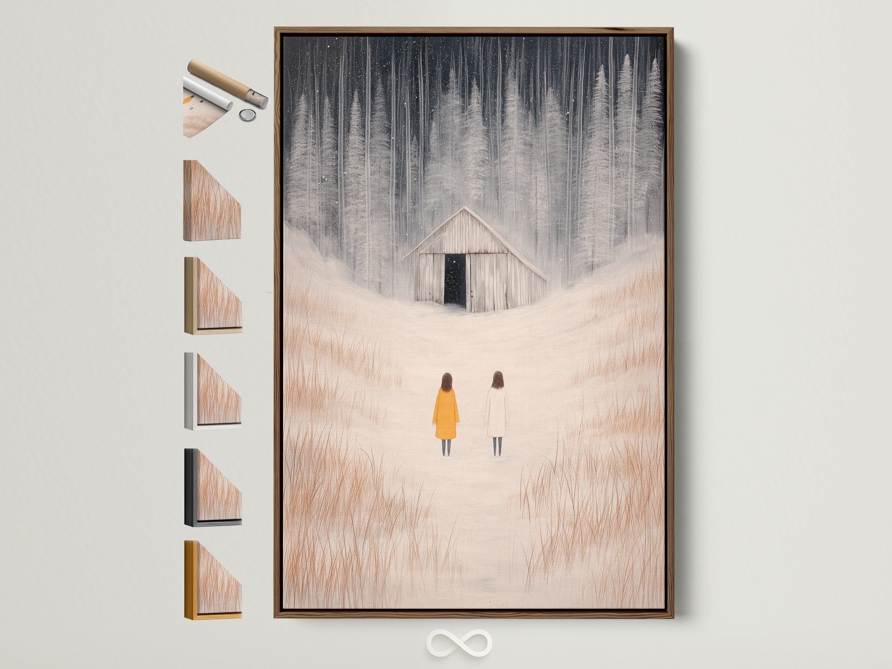 Brown frame displays winter landscape artwork. Figures stand in a snowy field. The artwork evokes a minimalist farmhouse style. Various frame options are showcased. This piece enhances entryways living rooms and bedrooms.