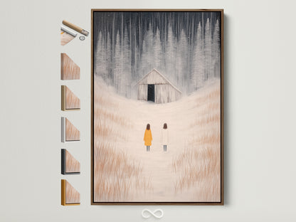 Brown frame displays winter landscape artwork. Figures stand in a snowy field. The artwork evokes a minimalist farmhouse style. Various frame options are showcased. This piece enhances entryways living rooms and bedrooms.
