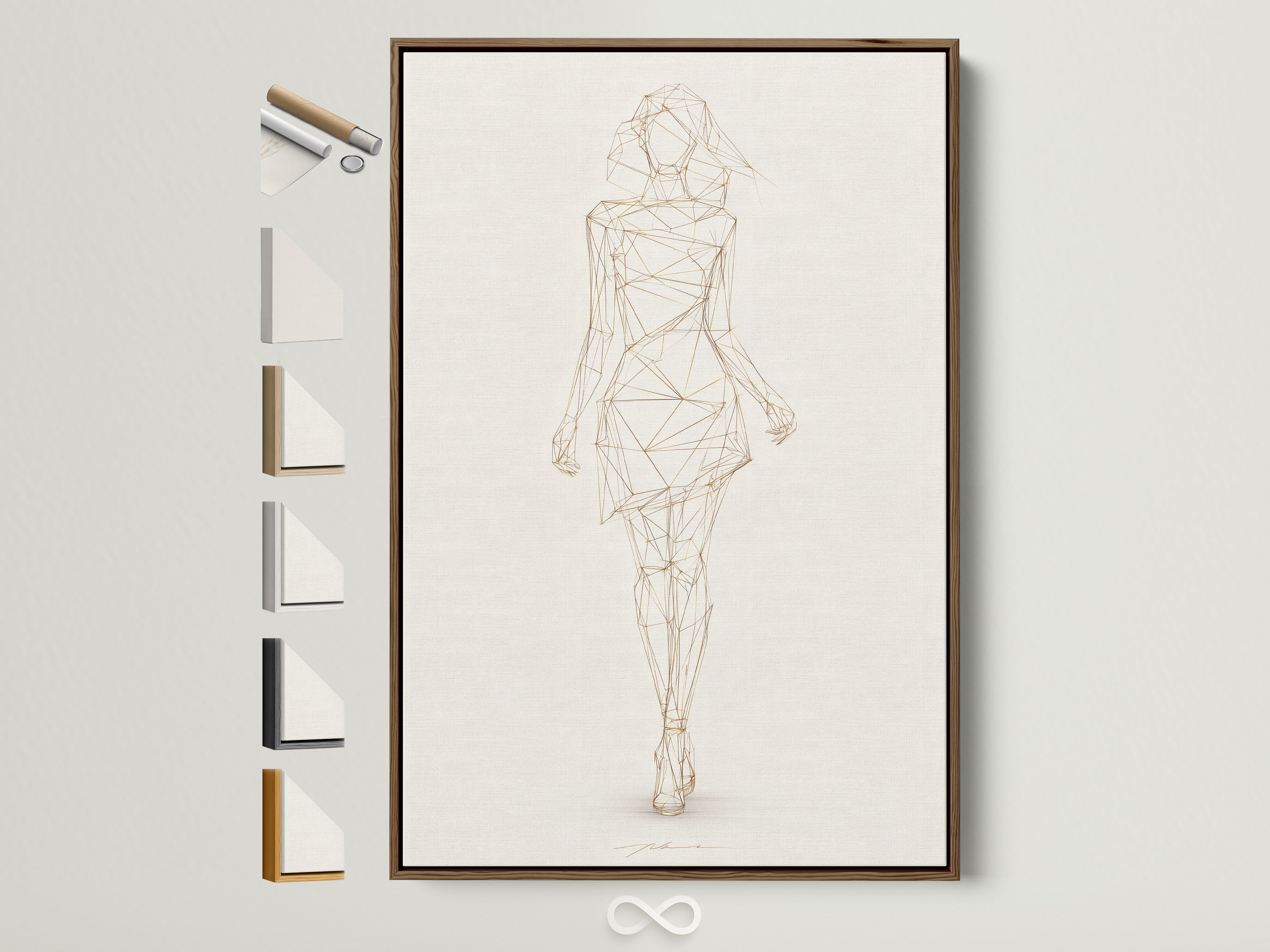 Geometric Woman art in a brown floating frame. All frame options are visible. This minimalist line drawing is modern fashion sketch artwork. It's perfect for bedroom decor. Enhance your space with this refined contemporary wall decor. Ideal for minimalist modern or Scandinavian aesthetics