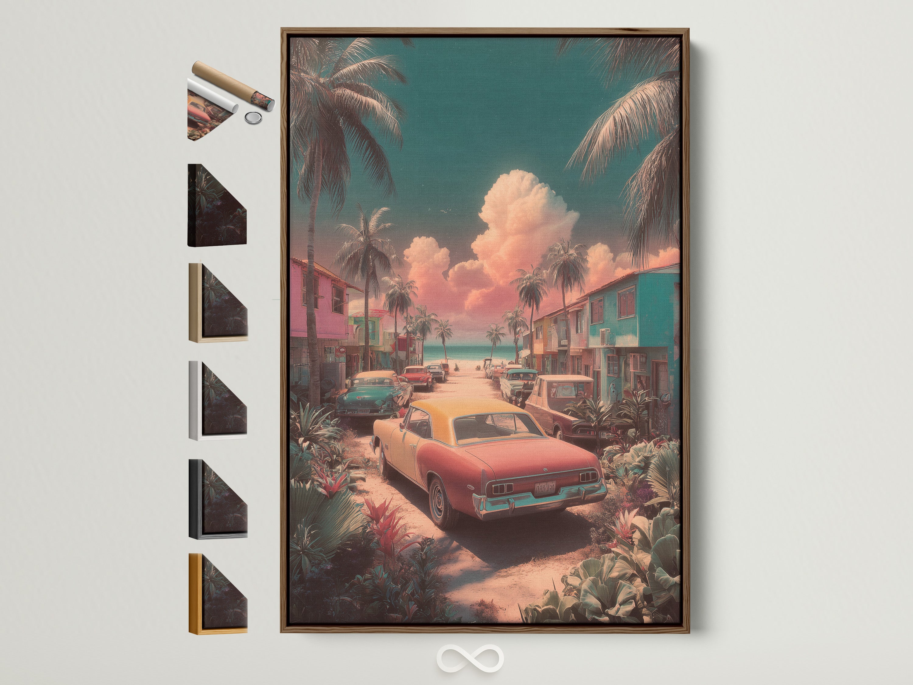 Artwork featuring a retro car scene is displayed in a brown frame. The frame showcases various framing options available for art prints. Explore framing choices to enhance your selected artwork. Find the perfect frame to complement your artwork and home decor.