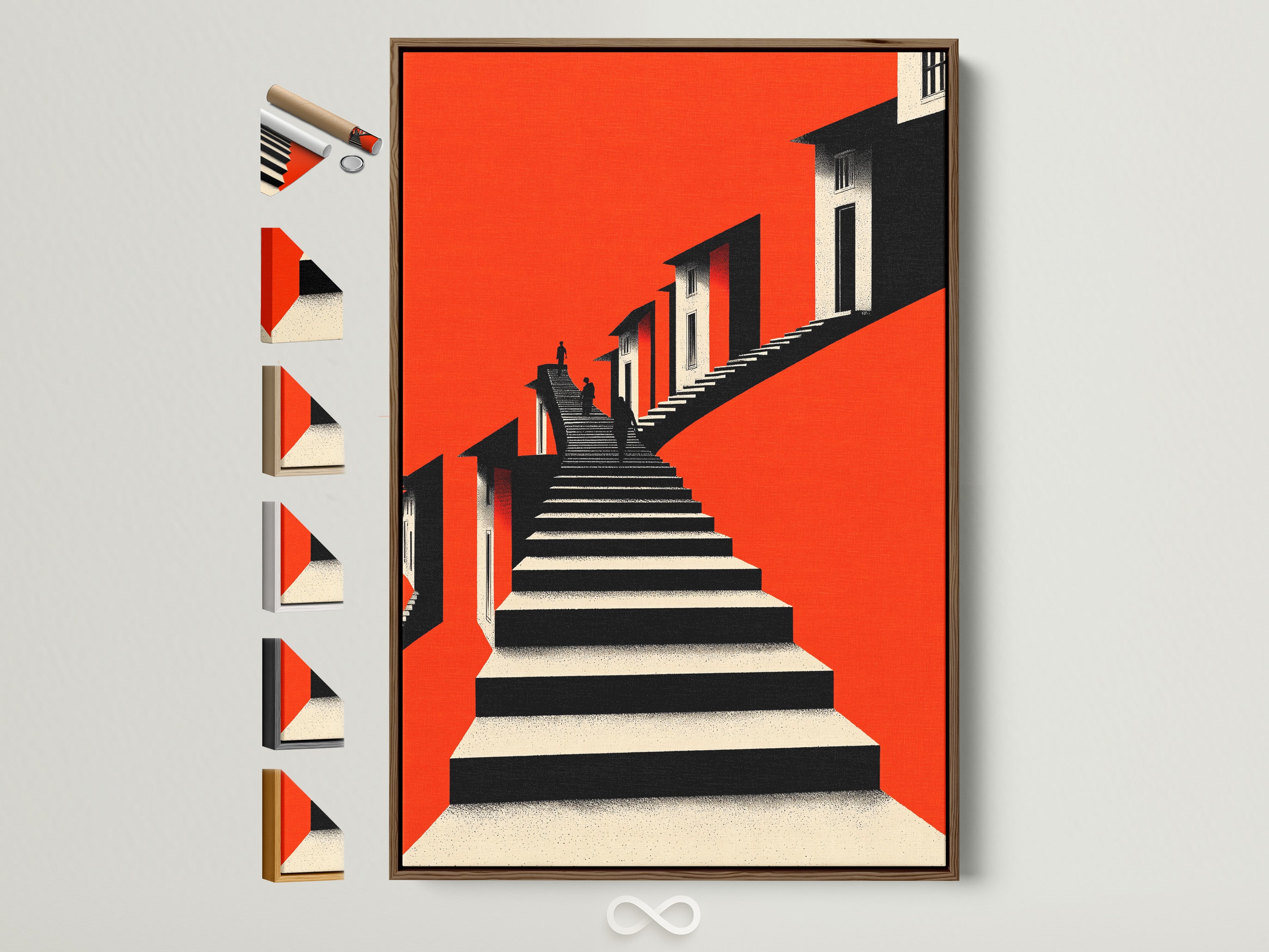 Architectural Stairs Print with a brown frame. The artwork features bold orange modern wall art. Geometric building canvas is perfect for office contemporary decor. Explore frame options for a personalized touch. Ideal for modern home decor and architectural art enthusiasts. Enhance your space with this striking geometric print.