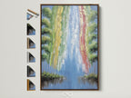 Abstract Waterfall artwork with a brown frame. The artwork features colorful nature wall decor. See all frame options available on the side. Perfect contemporary river canvas for your office or home. Modern art print to elevate your space.