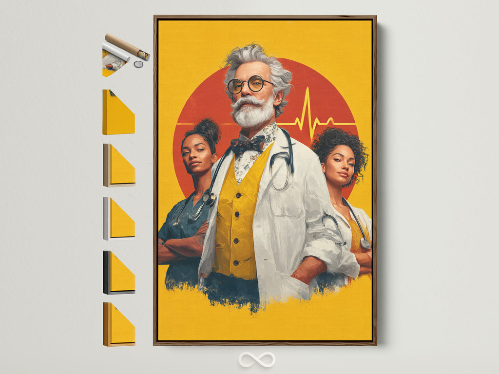Framed medical team artwork featuring a doctor and nurses. The artwork has a yellow background with a red heartbeat symbol. Explore frame options for healthcare heroes wall art. Enhance your clinic or office decor with this inspiring doctor nurse portrait.