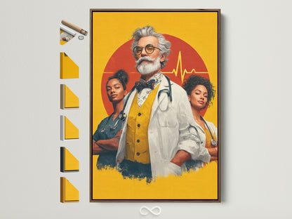 Framed medical team artwork featuring a doctor and nurses. The artwork has a yellow background with a red heartbeat symbol. Explore frame options for healthcare heroes wall art. Enhance your clinic or office decor with this inspiring doctor nurse portrait.