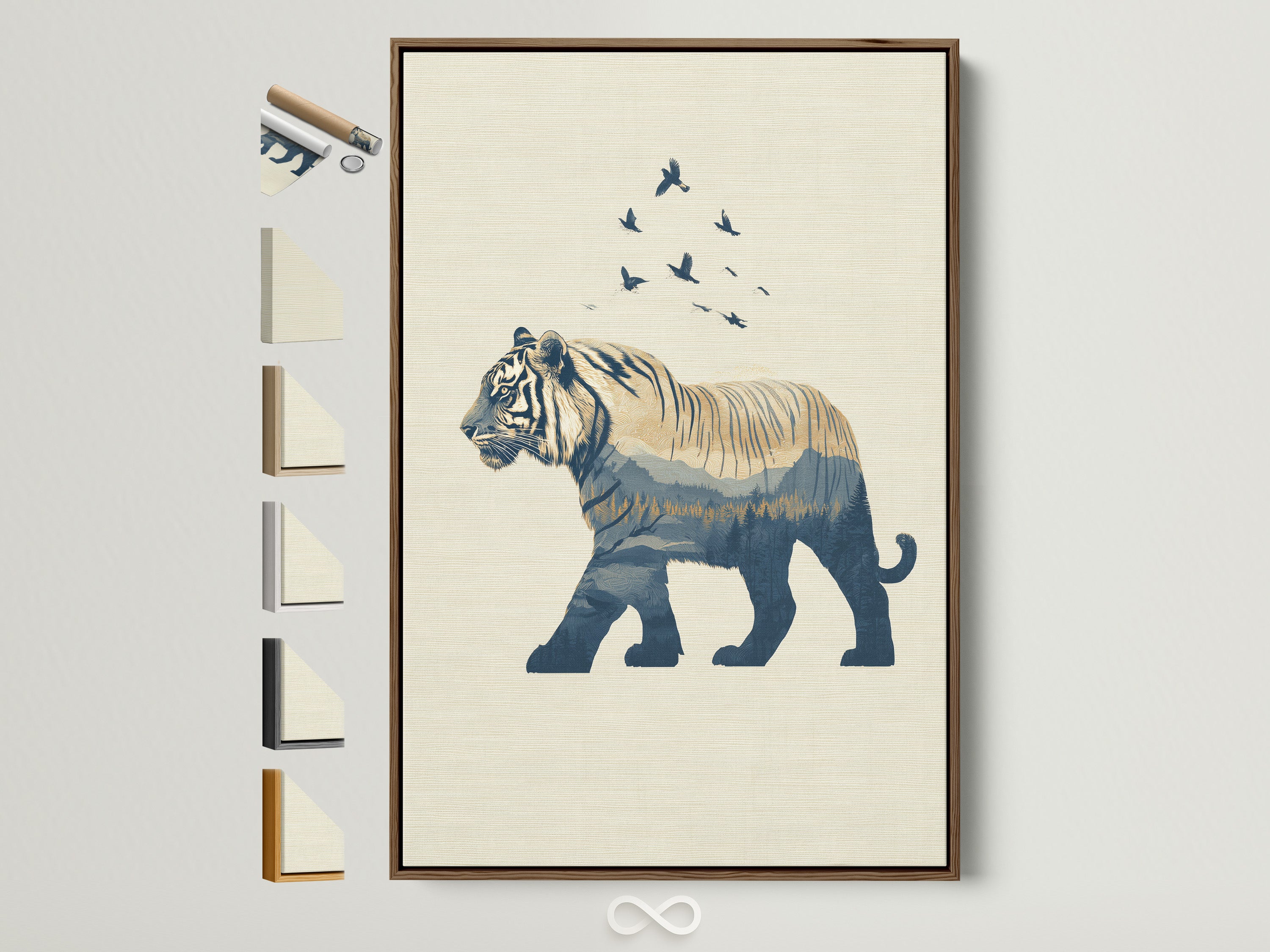 Explore framed art options with this brown frame showcasing a blue tiger artwork. See the variety of frame styles available. Find the perfect frame for your minimalist animal art. This wildlife silhouette art adds a contemporary touch to any room. Ideal for office and bedroom decor.