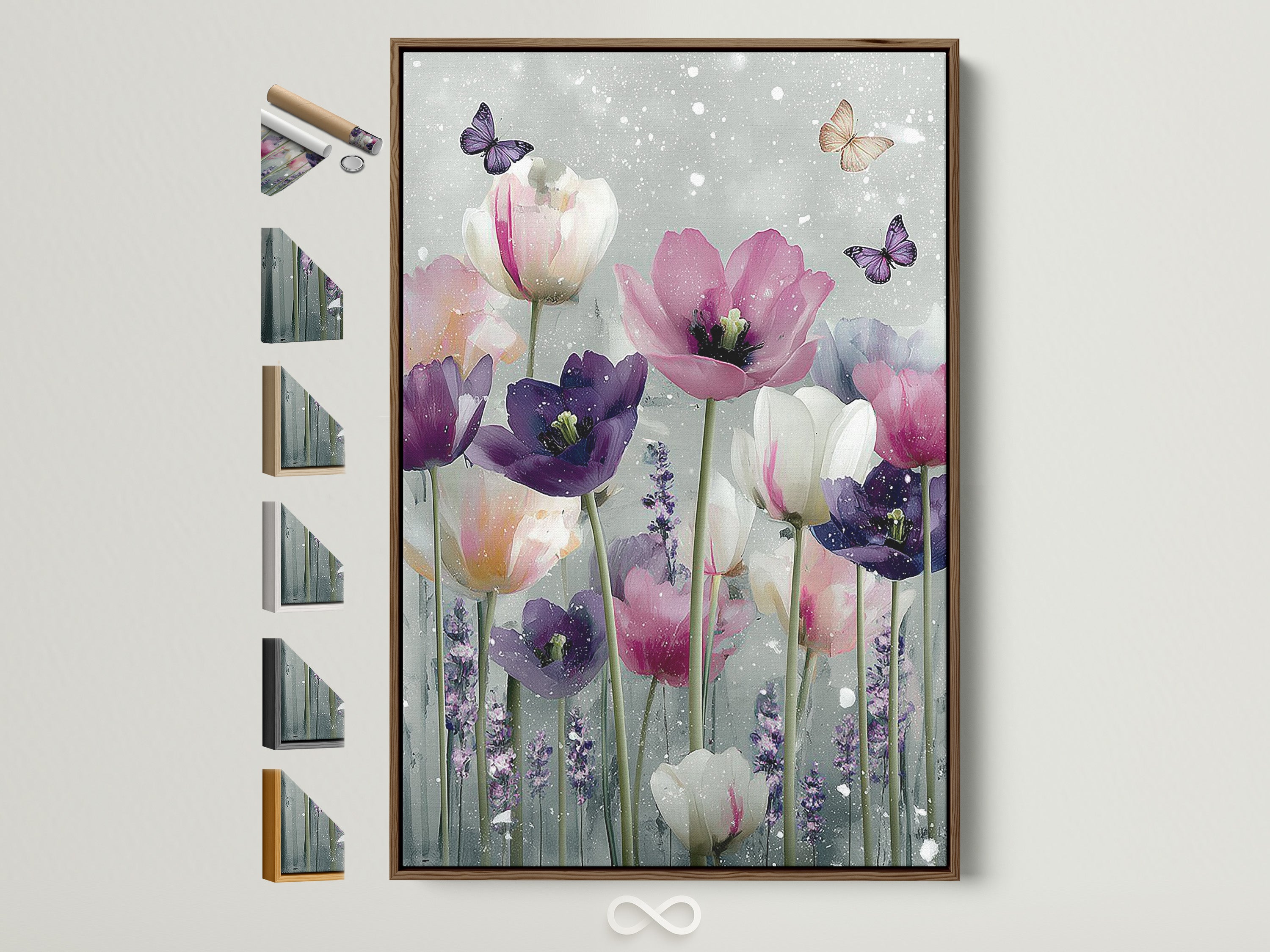 A vibrant floral artwork featuring tulips in shades of purple pink and white. Butterflies flit among the blooms. The art is displayed in a warm brown frame. Explore framing options for your artwork. Customize your space with beautiful framed art.