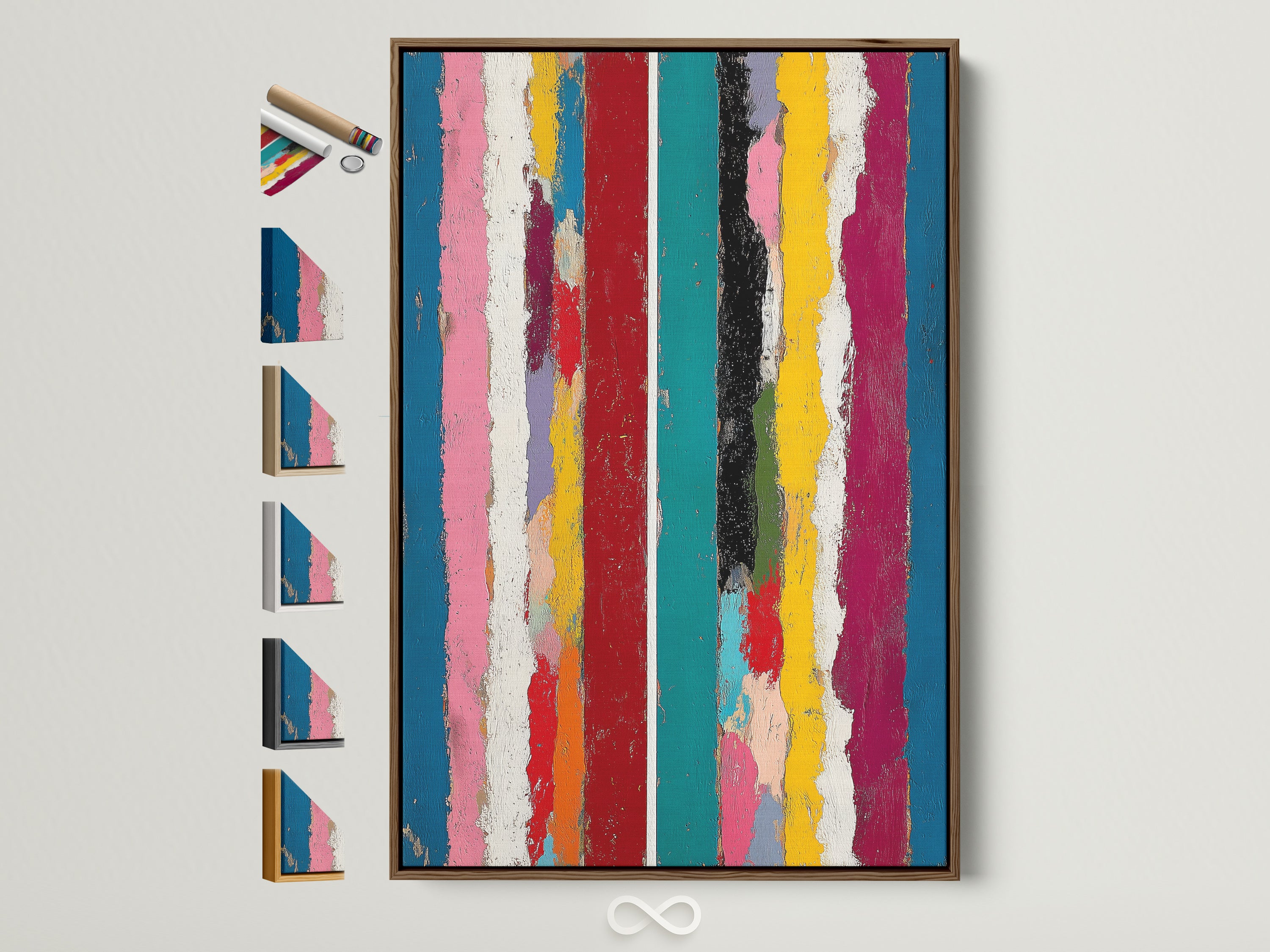 A vibrant abstract stripe art piece is framed in brown. This modern rainbow wall art adds a contemporary touch to any space. See all frame options. Perfect for elevating your living room playroom boutique studio lobby clinic or boardroom artwork.