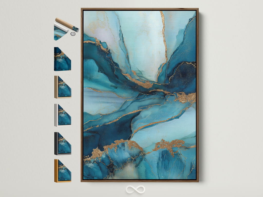A captivating abstract blue and gold artwork is framed in a warm brown wooden frame. The artwork features fluid teal marble patterns. Various frame options are displayed beside it. This artwork complements modern and contemporary spaces. Perfect for adding a touch of elegance to any room.
