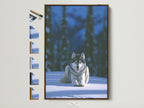 A wolf canvas print with a brown frame is displayed alongside frame options. This winter forest wall art features an arctic animal. It's perfect cabin decor for nature lovers. Consider this wildlife artwork as a thoughtful wolf lover gift. Enhance your space with this serene snow scene art.