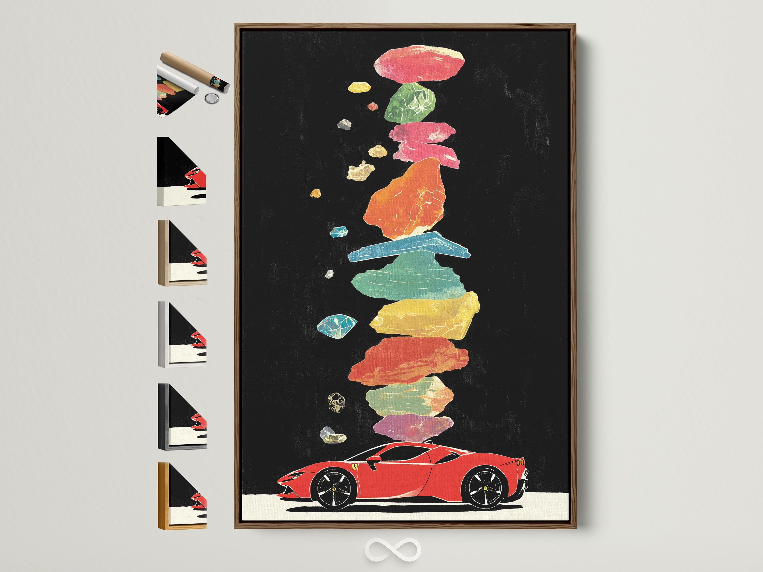 A vibrant sports car artwork is showcased in a brown frame. This frame is displayed alongside other frame options. The artwork features a red sports car with abstract colorful elements. Perfect contemporary wall decor for automotive enthusiasts and modern art collectors. Add a stylish touch to any space with this unique art piece.