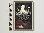 Brown frame art print. This octopus canvas print is a nautical wall art piece. It features coral reef art for coastal home decor. See all frame options available on the side. Decorate your space with ocean creature artwork.