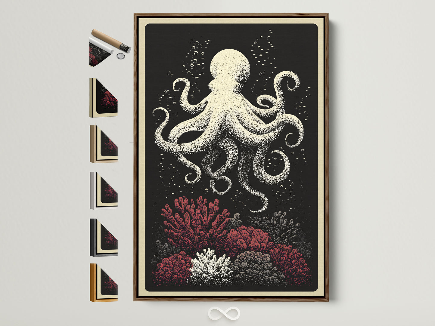 Brown frame art print. This octopus canvas print is a nautical wall art piece. It features coral reef art for coastal home decor. See all frame options available on the side. Decorate your space with ocean creature artwork.