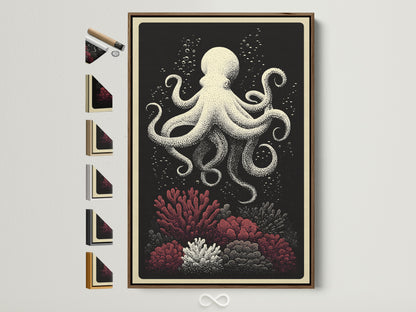 Brown frame art print. This octopus canvas print is a nautical wall art piece. It features coral reef art for coastal home decor. See all frame options available on the side. Decorate your space with ocean creature artwork.