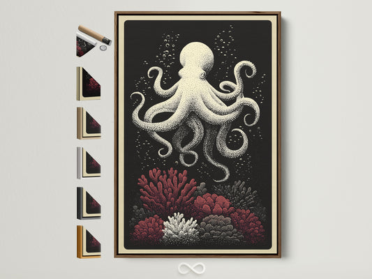 Brown frame art print. This octopus canvas print is a nautical wall art piece. It features coral reef art for coastal home decor. See all frame options available on the side. Decorate your space with ocean creature artwork.