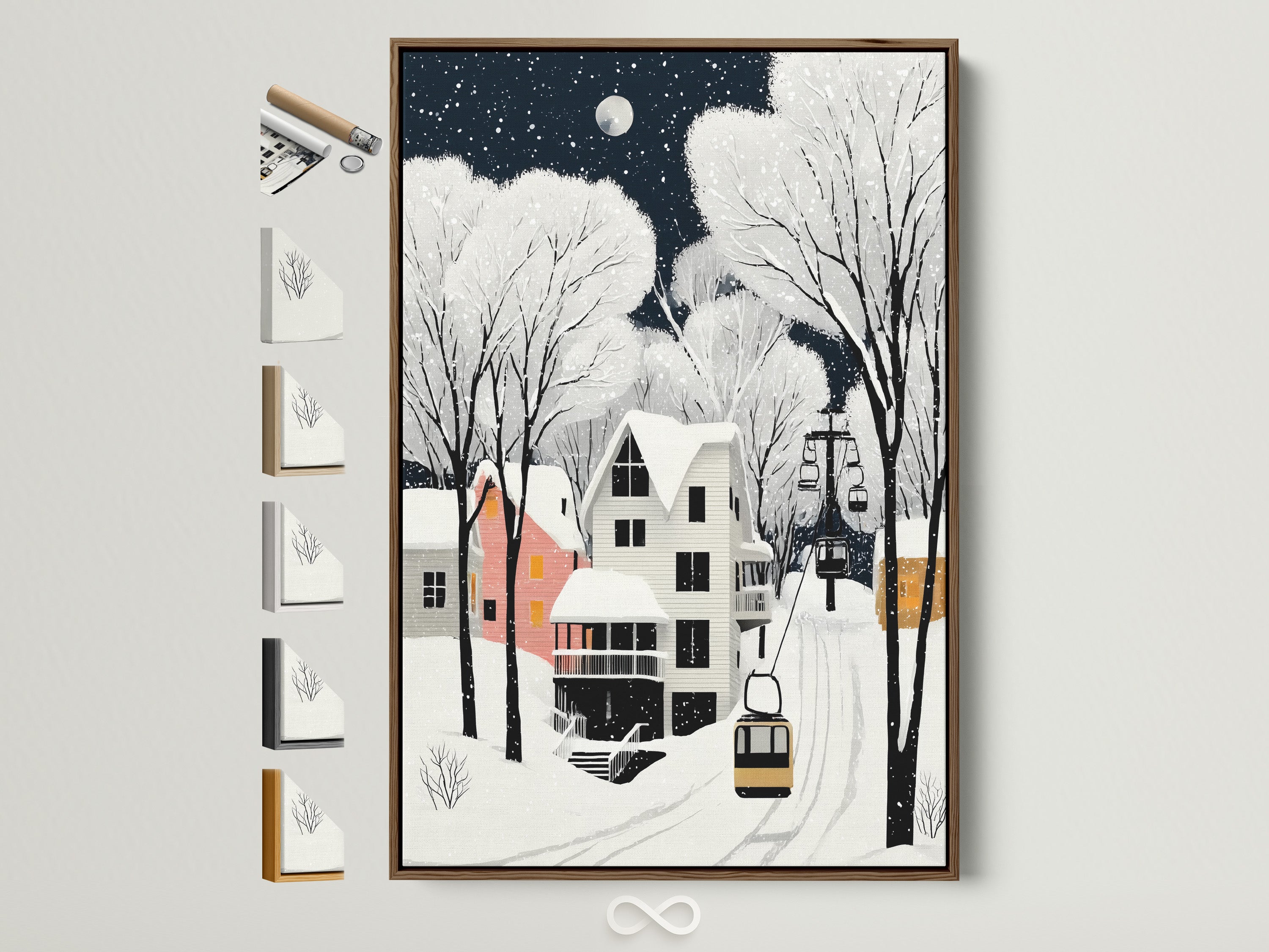 Winter Village art in a brown frame is displayed with other frame options. This cozy snow scene wall art brings Scandinavian folk art to bedroom decor. The snowy night print elevates minimalist and rustic styles.