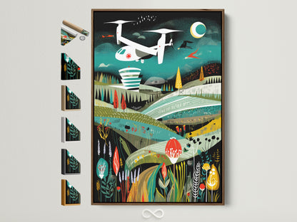 Rescue Helicopter artwork with a brown frame. The artwork features a retro aviation scene. All frame options are displayed beside the framed artwork. Perfect mid century modern art for office decor.