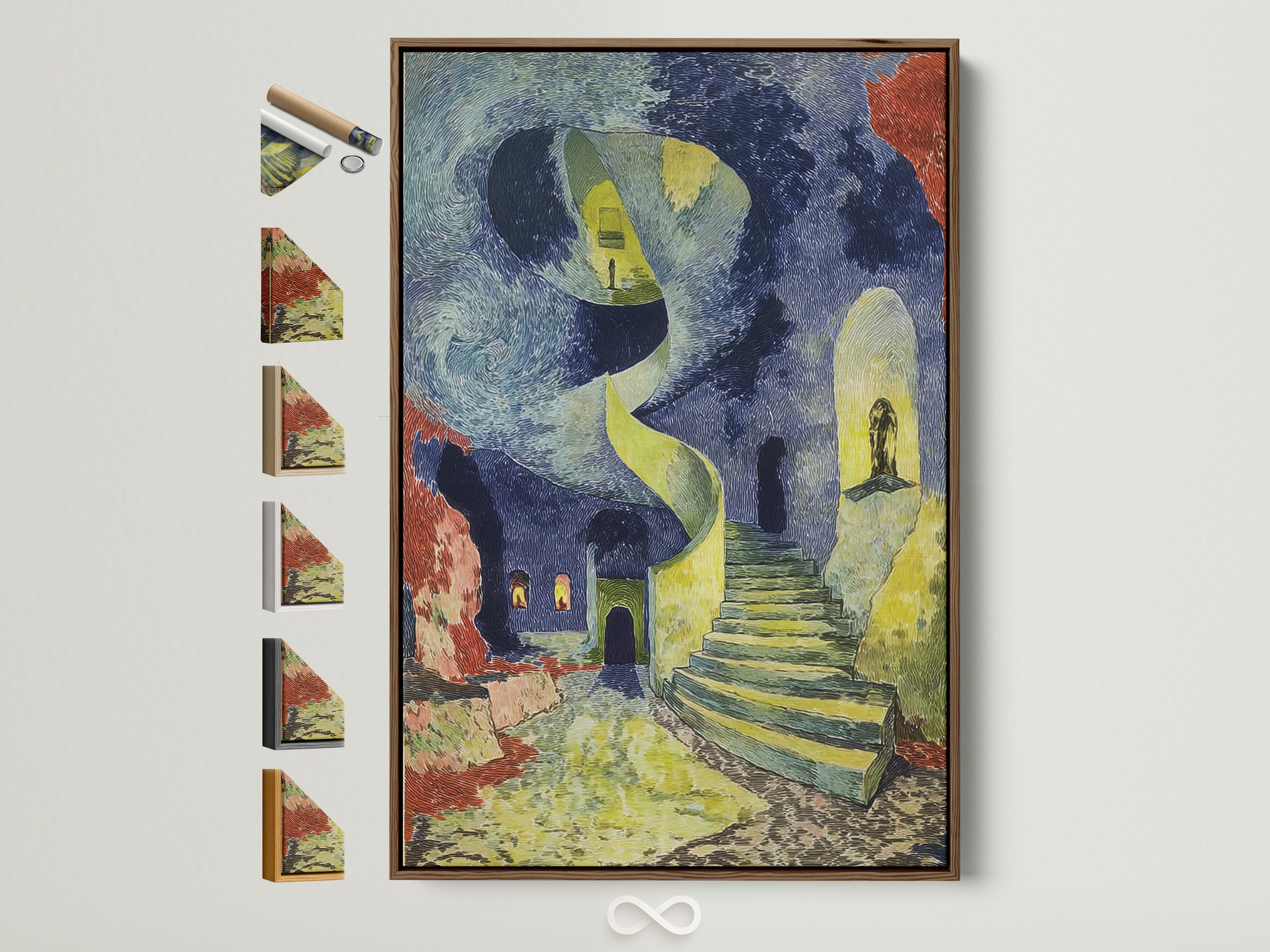 The surreal staircase artwork is displayed in a brown frame. Notice the various frame options showcased on the side. This art features a Van Gogh style. It's a dreamlike architectural poster ideal for bedroom decor. The art nouveau style is prominent with blue and yellow hues. Perfect for art enthusiasts seeking unique wall art.