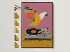 Parrot DJ artwork with a brown frame. This retro music wall art features a vintage turntable. The artwork is displayed with various frame options. Perfect funky wall art for a music lover.