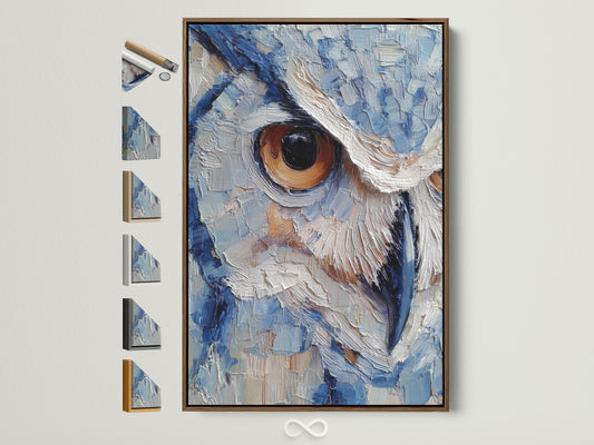 Artwork featuring a striking owl's eye in a brown frame. The artwork is displayed with all frame options visible on the side. The painting style is textured and expressive. The colors are primarily blues and whites creating a captivating focal point.