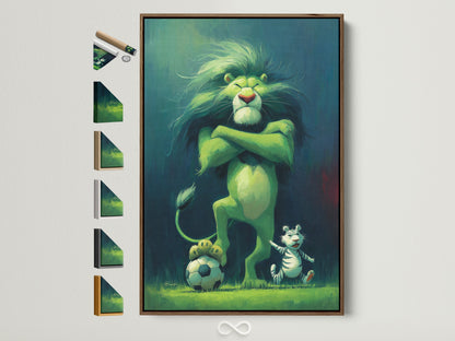 Explore framed artwork options. This brown frame is displayed alongside black white gold and oak frame choices. Find the perfect frame to complement your Lion King Simba artwork. Ideal for nursery or kids room decor.