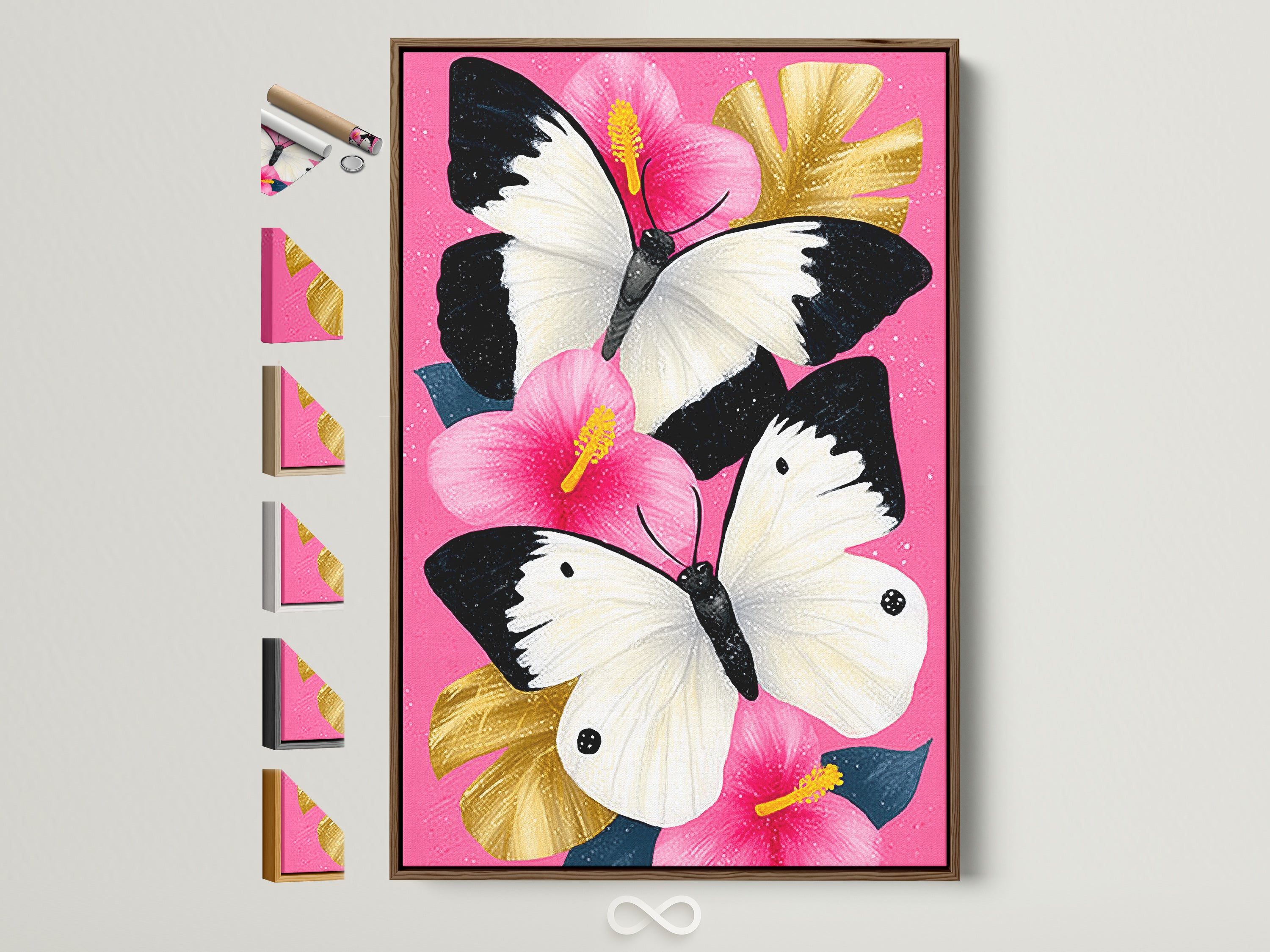 Butterfly Canvas Artwork with a Brown Frame. This pink hibiscus wall art features white butterflies. A tropical flower artwork perfect for adding a girly modern touch to your home decor. See all frame options available.