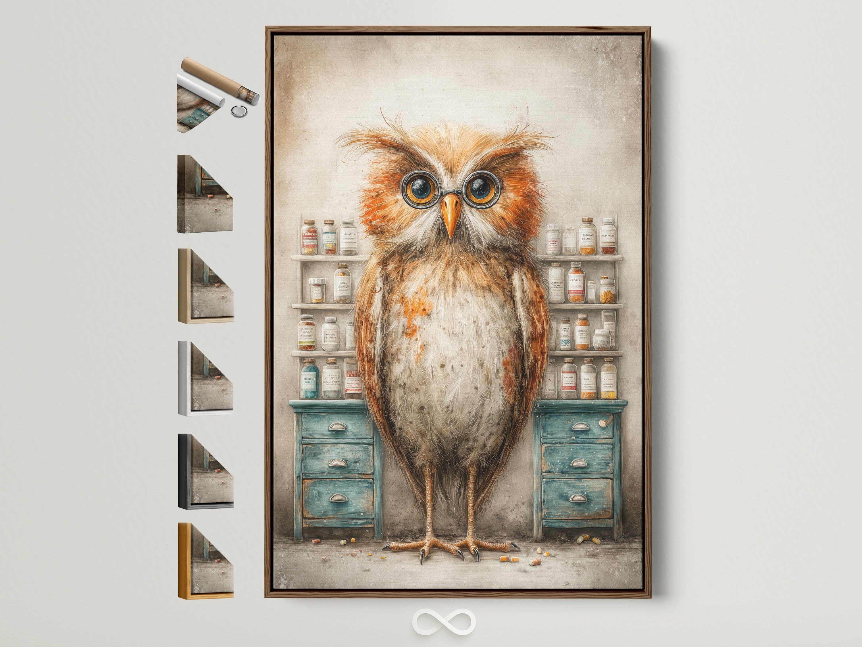 Rustic owl apothecary artwork in a brown frame. See all frame options. Perfect vintage pharmacy wall art for an office or study room. The owl art is whimsical and captivating. It blends animal themes with pharmacy decor. A unique piece for art lovers and academics.