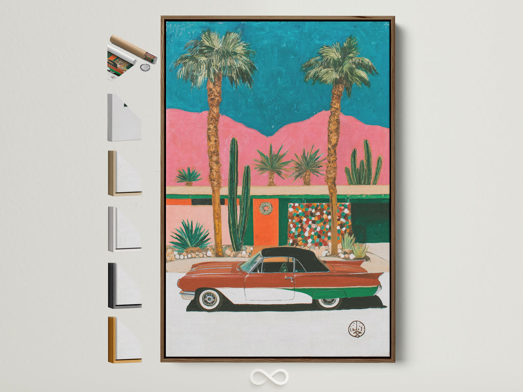 Retro Palm Springs art print showcased in a brown frame. Explore various frame options to perfectly match your mid-century modern or eclectic wall decor. Find the ideal frame to display your vintage car canvas print. It will elevate your office or home artwork.