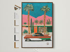 Retro Palm Springs art print showcased in a brown frame. Explore various frame options to perfectly match your mid-century modern or eclectic wall decor. Find the ideal frame to display your vintage car canvas print. It will elevate your office or home artwork.