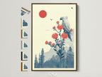 Japanese Bird Artwork with Red Sun in a Brown Frame. Vintage botanical wall art adds sophistication to any space. See all frame options for crane wall art and create a unique look.