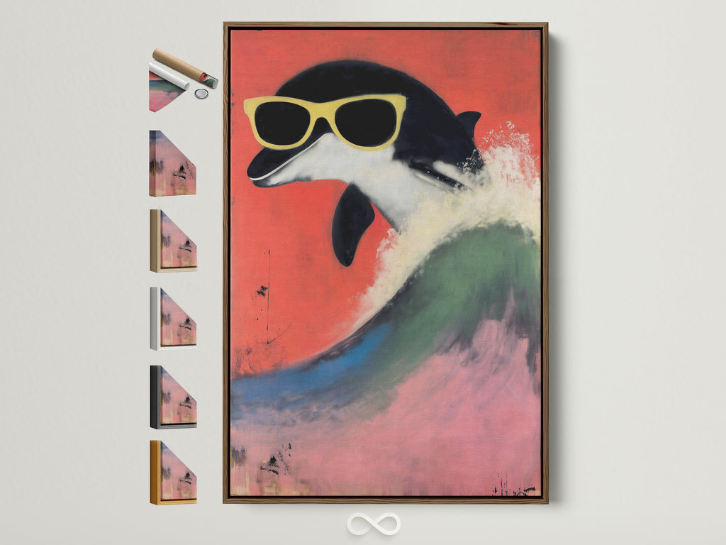 Brown frame showcases a playful penguin artwork with frame options. This retro animal canvas print adds a quirky touch to any room. Perfect for kids room decor or a fun playful art print. The art piece features a cool penguin wearing sunglasses against a vibrant red backdrop. The frame enhances the coastal and tropical style of the artwork.