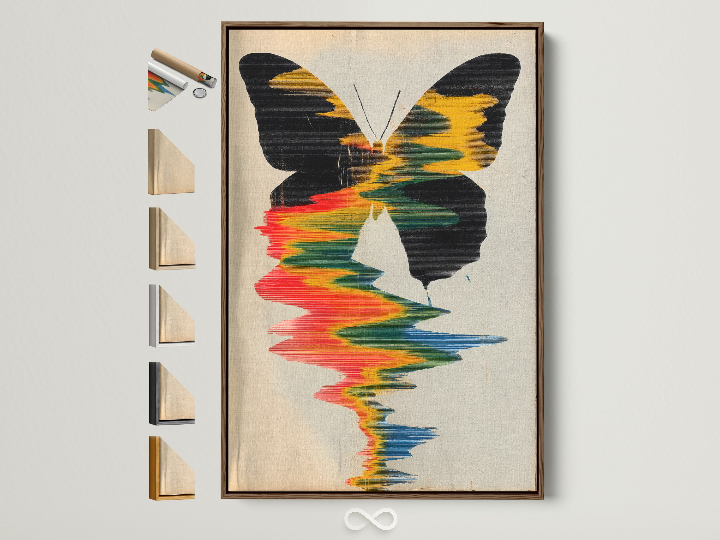 A vibrant butterfly artwork framed in a brown frame. Multiple frame options are displayed on the side. Explore diverse framing styles. Find the perfect frame to complement your butterfly art. Elevate your wall decor today