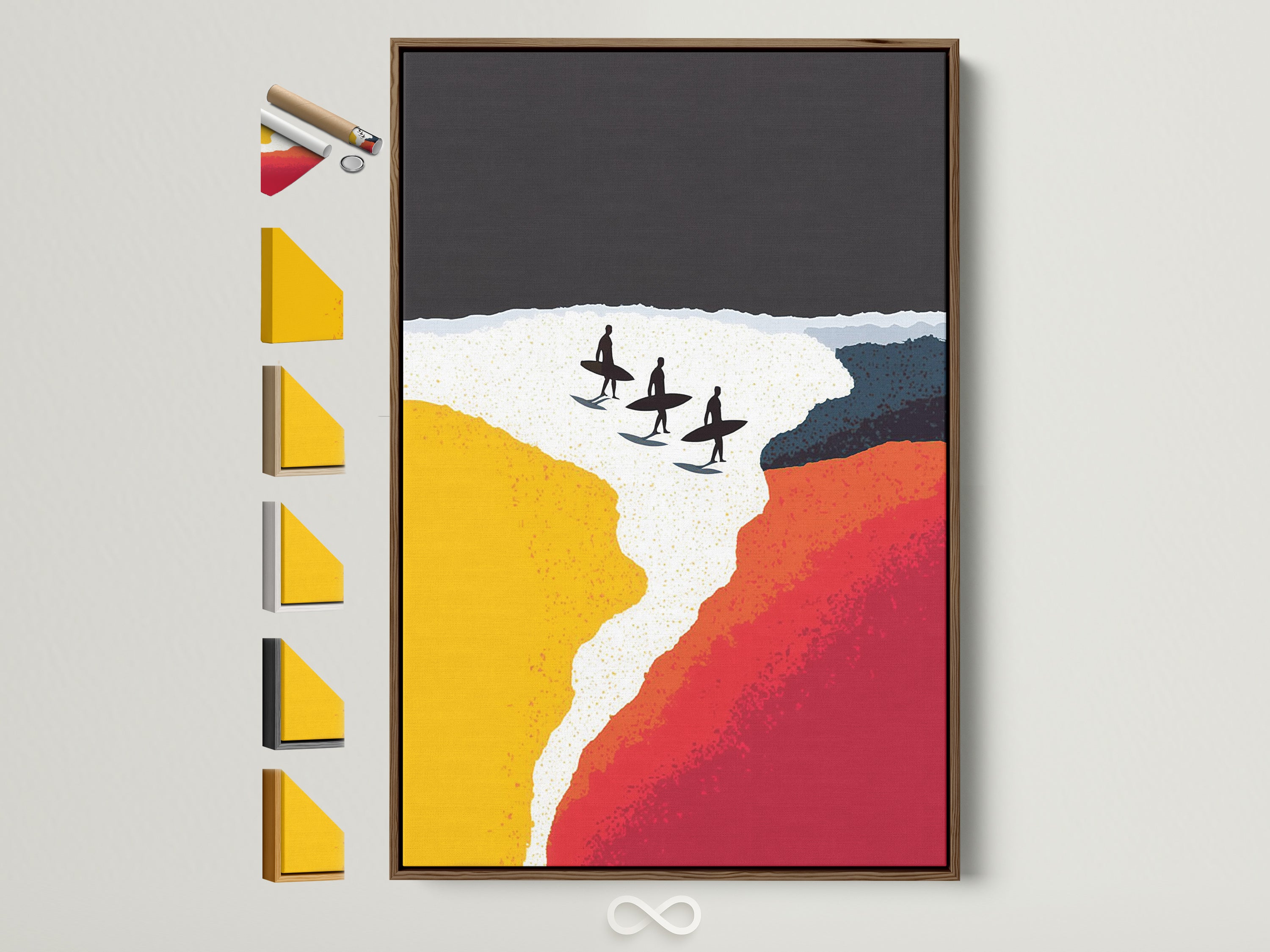 Explore framed surf art canvas print options. See a brown frame with various frame styles displayed. Find the perfect coastal artwork to complement your style. Enhance your living space with framed wave art. Perfect for minimalist coastal and Scandinavian decor.