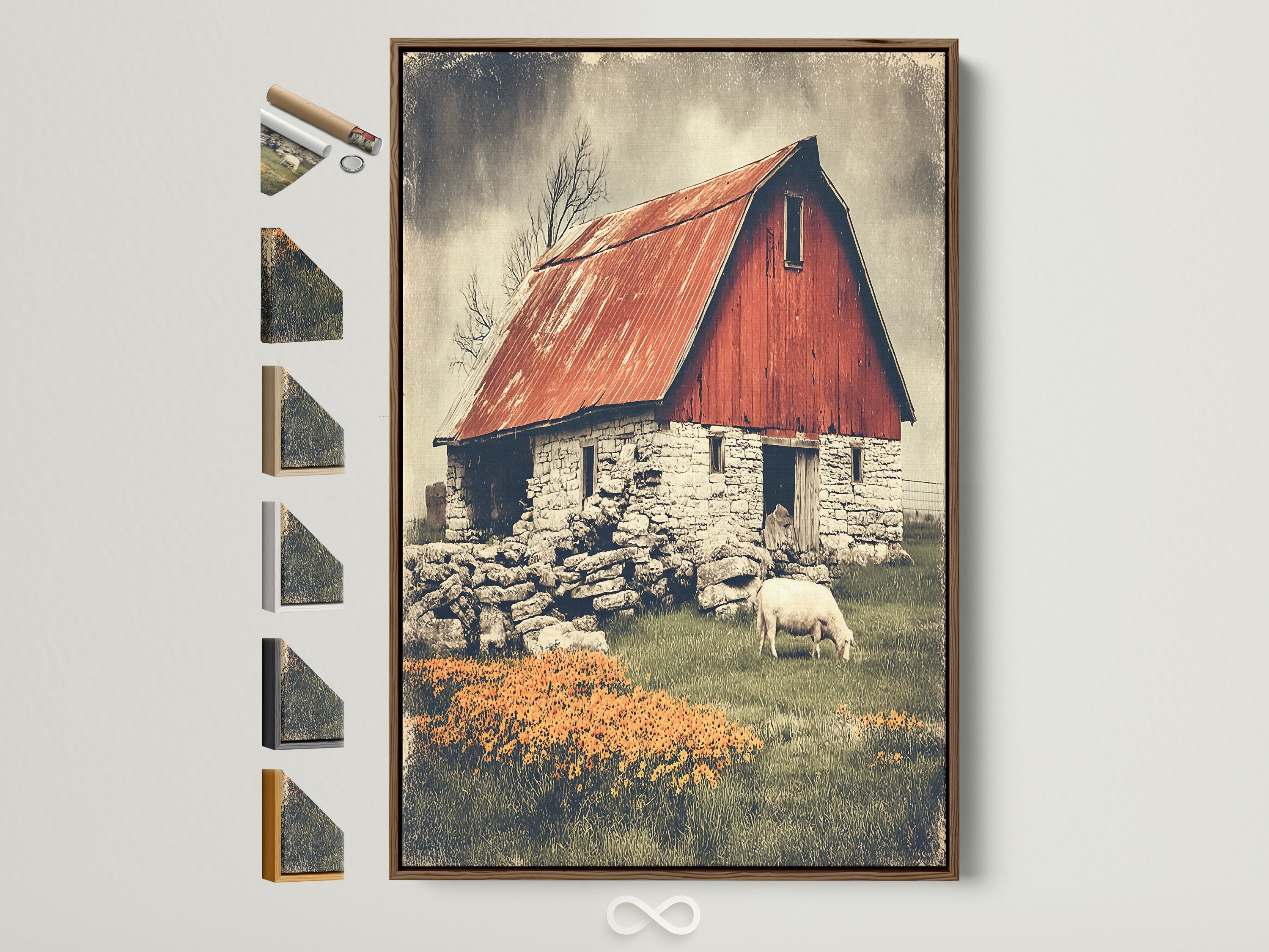 Rustic barn canvas print with a brown frame. The artwork showcases a vintage red barn and sheep art. Explore our farmhouse decor options. Perfect for adding country art to your dining area. Discover rural landscape art for your home.