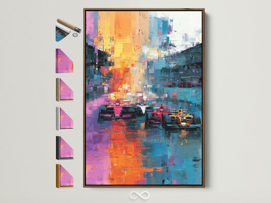 Artwork displayed in a brown frame. The framed art is hanging on a white wall. The art piece showcases a colorful abstract scene. All frame options are visible on the side. Discover framing solutions for every style.