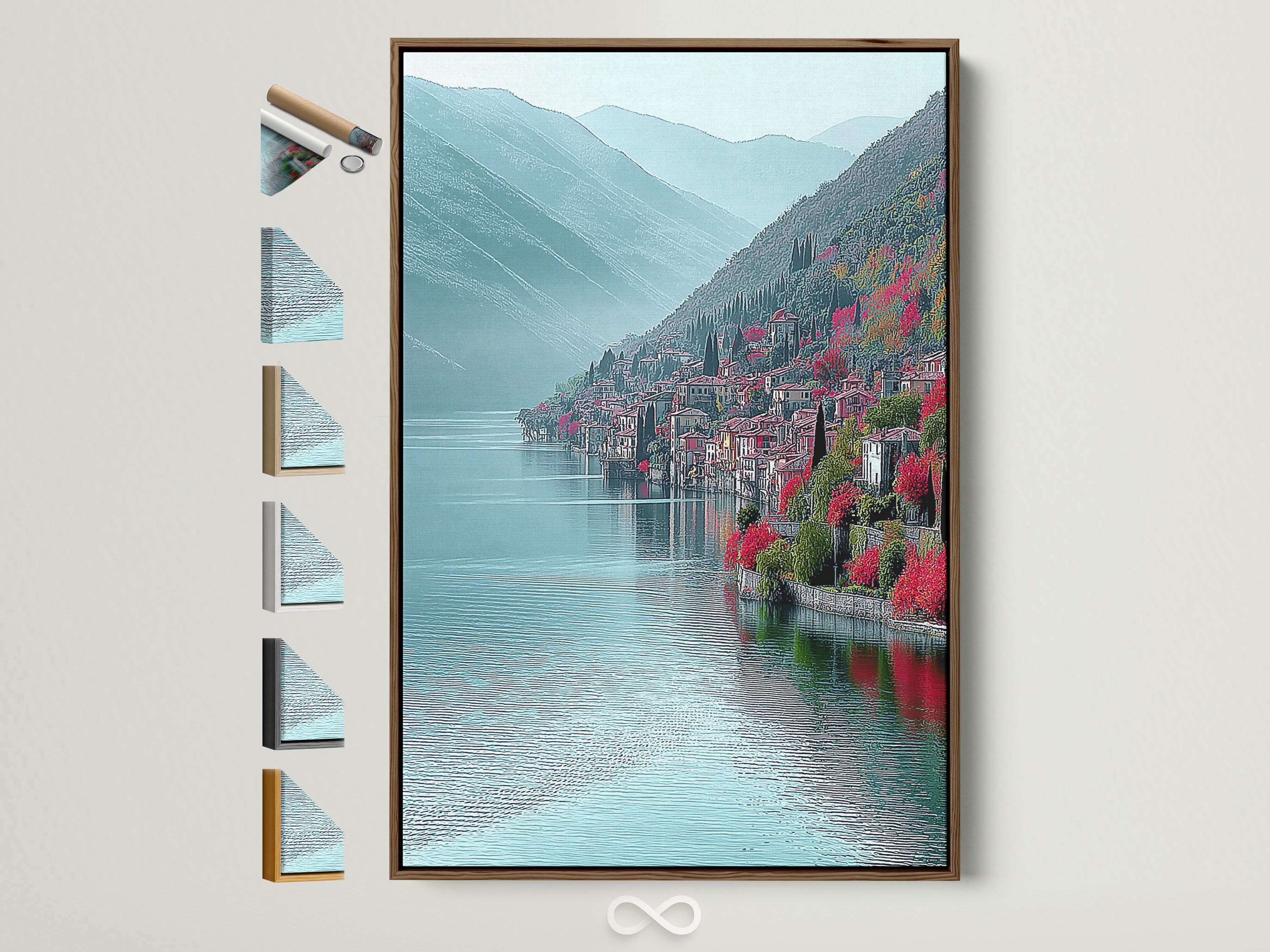 Lake Como Italy canvas artwork with brown frame. All frame options are visible on the side. This Italian coastal wall art features a teal mountain landscape. Perfect for adding a scenic vista to your office decor. The blue hues create a calming effect. A beautiful travel art print.