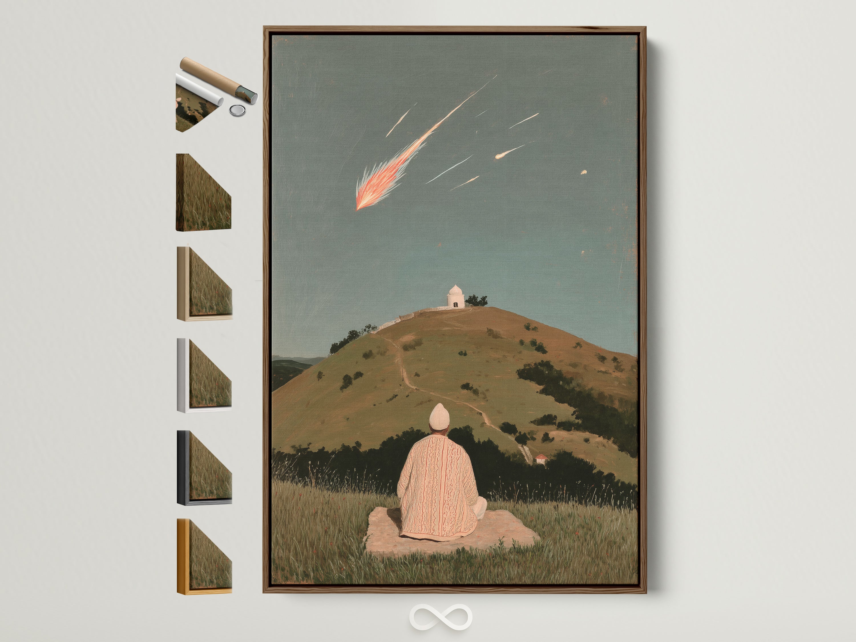 Shooting Star canvas print with a brown frame. The artwork features a person sitting on a hill looking at a shooting star.  Various frame options are displayed on the side. This serene spiritual landscape enhances meditation rooms and living spaces.