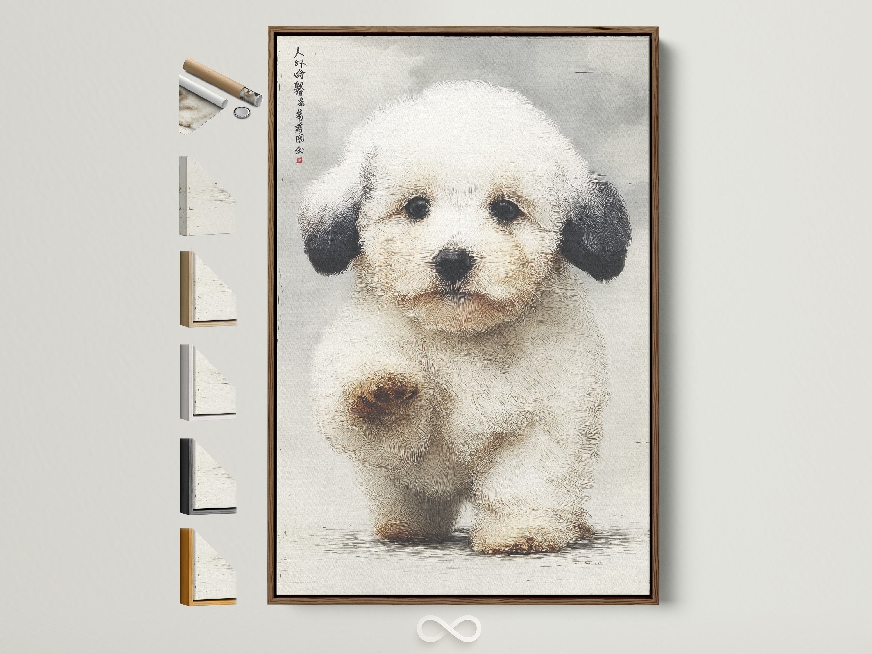 A cute puppy canvas print in a brown frame is displayed with other frame options. This adorable dog wall art adds a touch of Japanese style to any nursery or kids room. It is the perfect pet portrait for animal lovers. The puppy artwork is great for minimalist and contemporary styles.