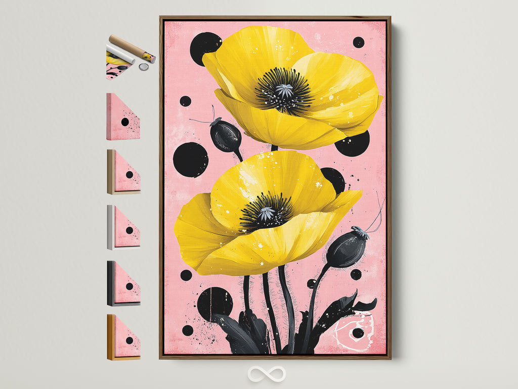 Brown frame showcasing a yellow poppy canvas print. Floral wall art adds a botanical touch to bedroom wall decor. The pink and black accents create a modern aesthetic. Explore frame options to enhance your artwork.
