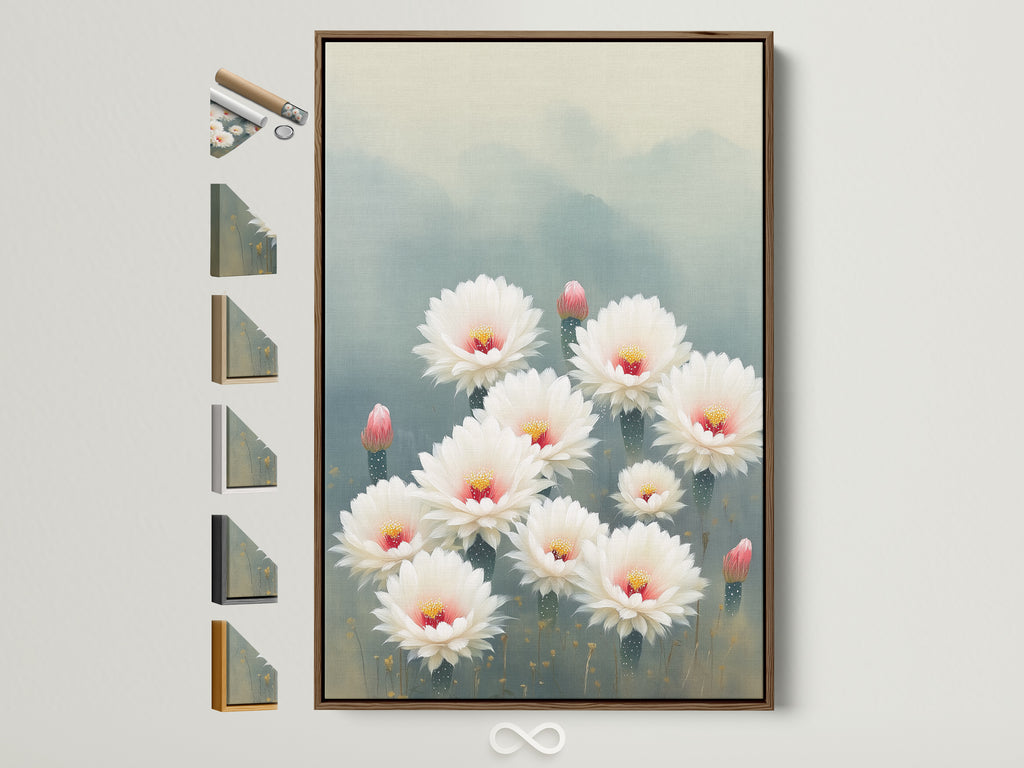 Cactus Flower Canvas Print with a brown frame. This botanical wall art brings the beauty of the desert bloom to your space. All available frame options displayed. Perfect for adding soft color and floral artwork to your bedroom decor.
