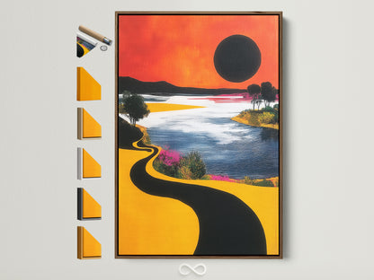 A captivating abstract landscape artwork. It features a sunset lake scene framed in a warm brown tone. Explore various frame options displayed beside the artwork. Perfect for adding a modern touch to any space.