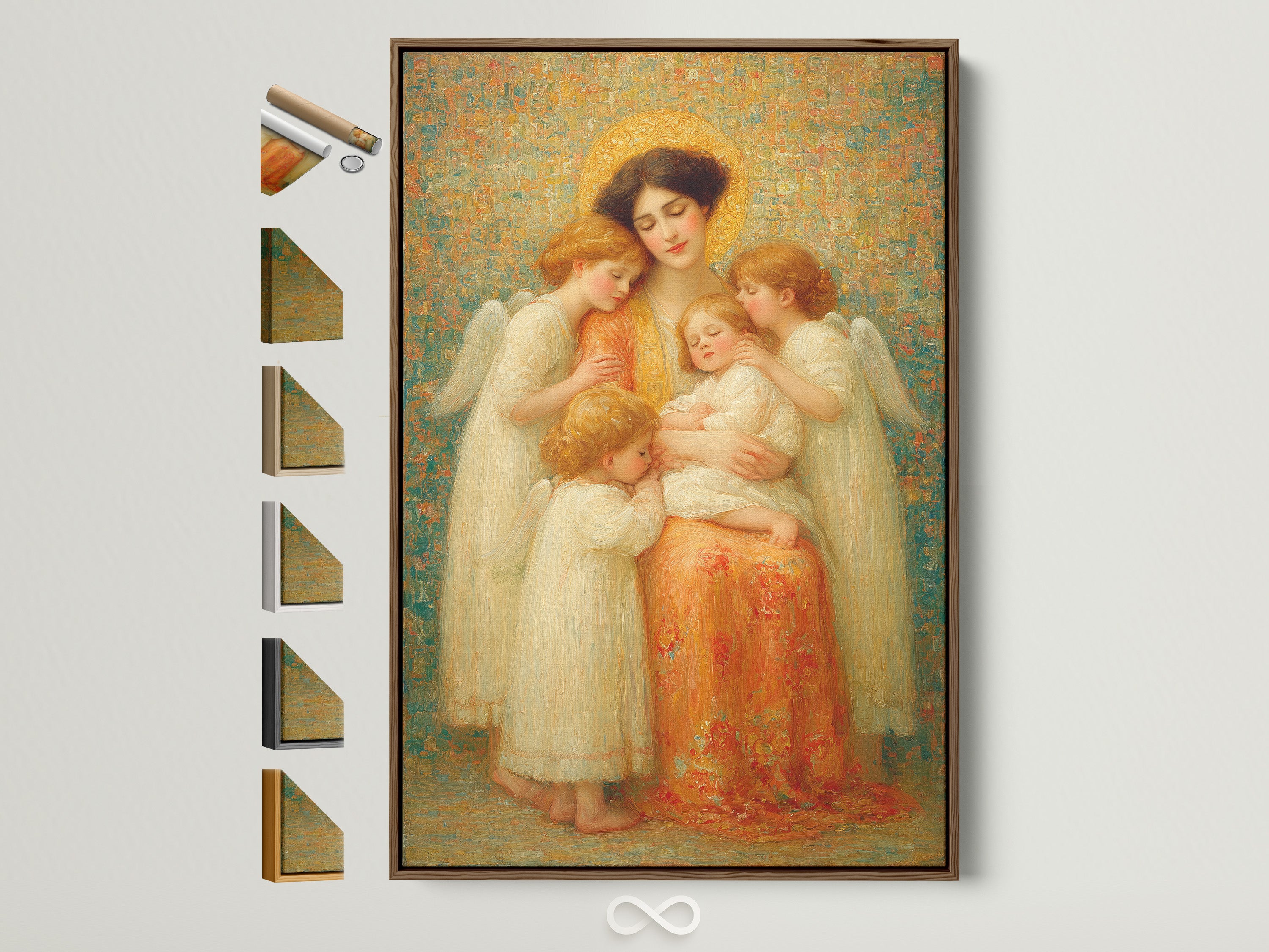 Madonna & Child Renaissance Angel Wall Art is showcased in a brown frame. Various frame options are displayed beside the artwork. Explore options for vintage religious art. Ideal nursery bedroom decor. Discover sacred art prints and angel artwork.
