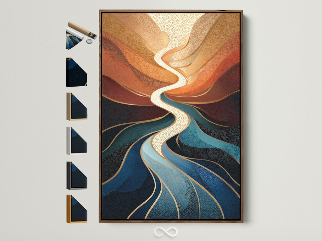 Abstract River Canvas Print in a brown frame. The artwork features flowing teal orange hues. This modern fluid art enhances bedroom decor. See all frame options available for this contemporary home artwork.